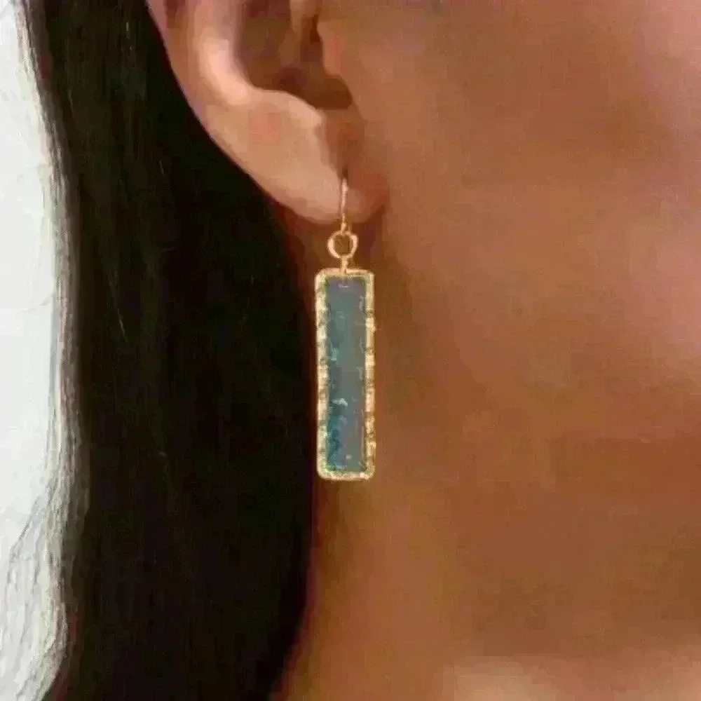 Gold-Toned Rectangular Aqua Resin Drop Earrings